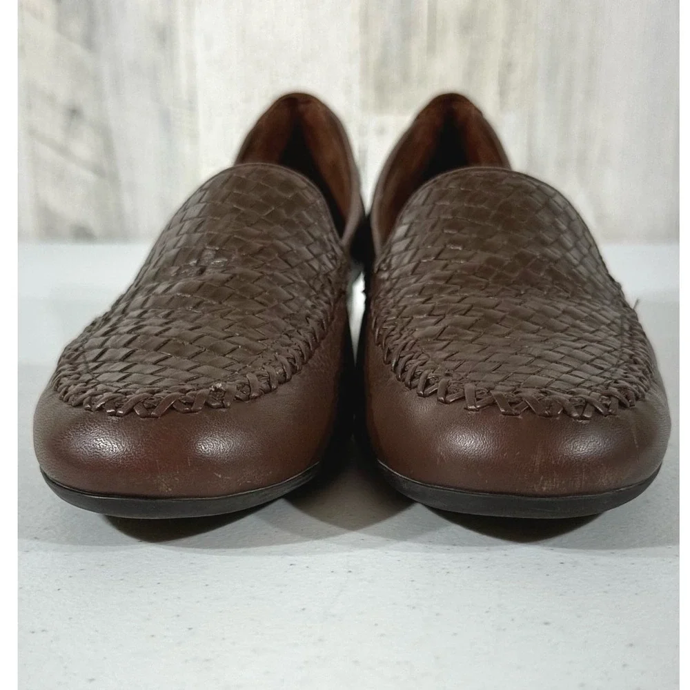 Trotters Loafers 9.5 S Extra Narrow Brown Leather Woven Vamp Made in Brazil